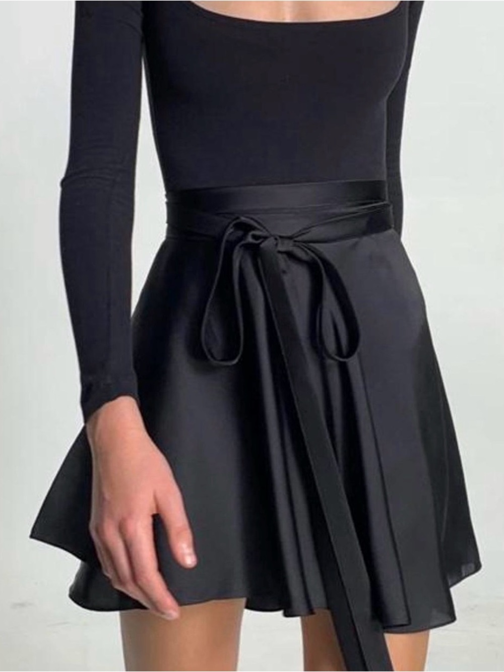 Black Satin Silk Cotton Ballerina Wrap Around Tie Waist Skirt